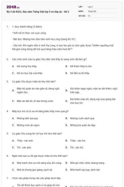 Bộ 3 đề KSCL đầu năm Tiếng Việt lớp 5 có đáp án - Đề 2