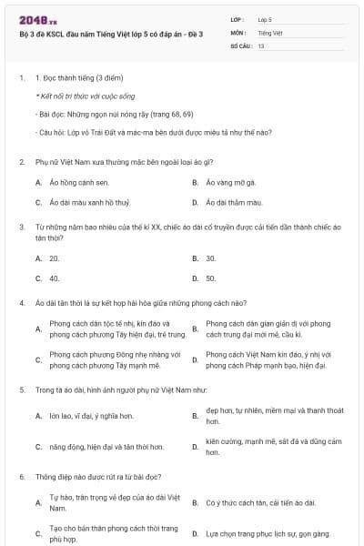Bộ 3 đề KSCL đầu năm Tiếng Việt lớp 5 có đáp án - Đề 3