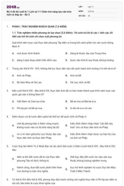 Bộ 4 đề thi cuối kì 1 Lịch sử 11 Chân trời sáng tạo cấu trúc mới có đáp án - Đề 3