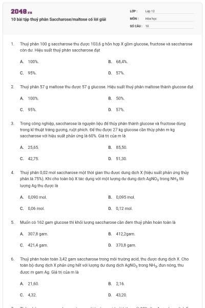 10 bài tập thuỷ phân Saccharose/maltose có lời giải