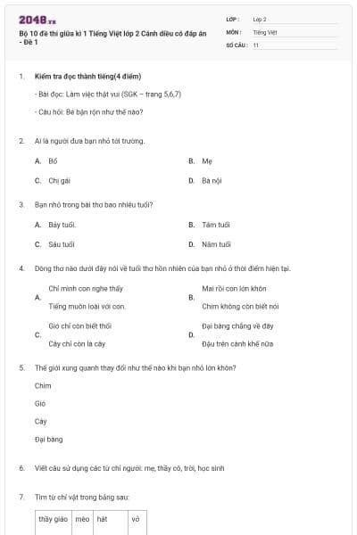 Bộ 10 đề thi giữa kì 1 Tiếng Việt lớp 2 Cánh diều có đáp án - Đề 1
