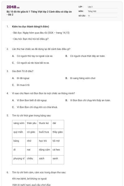 Bộ 10 đề thi giữa kì 1 Tiếng Việt lớp 2 Cánh diều có đáp án - Đề 2