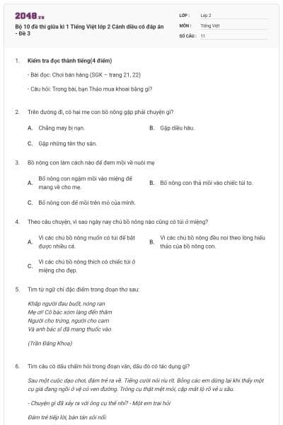 Bộ 10 đề thi giữa kì 1 Tiếng Việt lớp 2 Cánh diều có đáp án - Đề 3