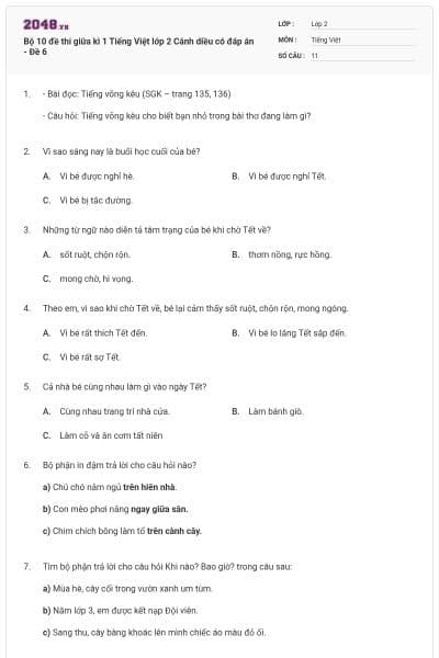 Bộ 10 đề thi giữa kì 1 Tiếng Việt lớp 2 Cánh diều có đáp án - Đề 6