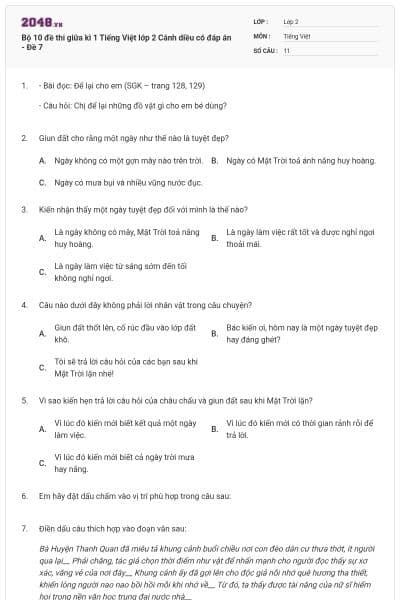 Bộ 10 đề thi giữa kì 1 Tiếng Việt lớp 2 Cánh diều có đáp án - Đề 7