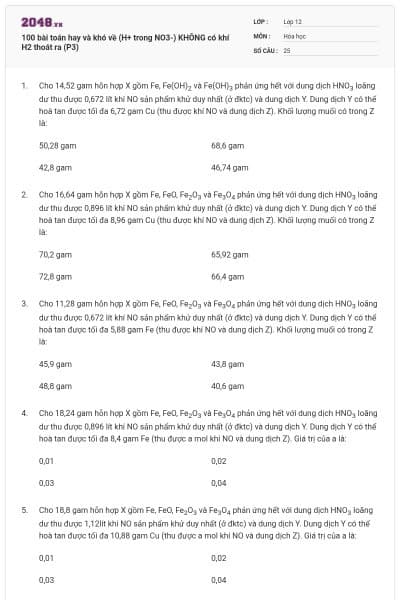 100 bài toán hay và khó về (H+ trong NO3-) KHÔNG có khí H2 thoát ra (P3)