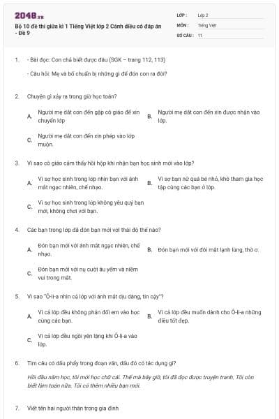 Bộ 10 đề thi giữa kì 1 Tiếng Việt lớp 2 Cánh diều có đáp án - Đề 9