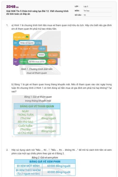 Giải SGK Tin 5 Chân trời sáng tạo Bài 12. Viết chương trình để tính toán có đáp án