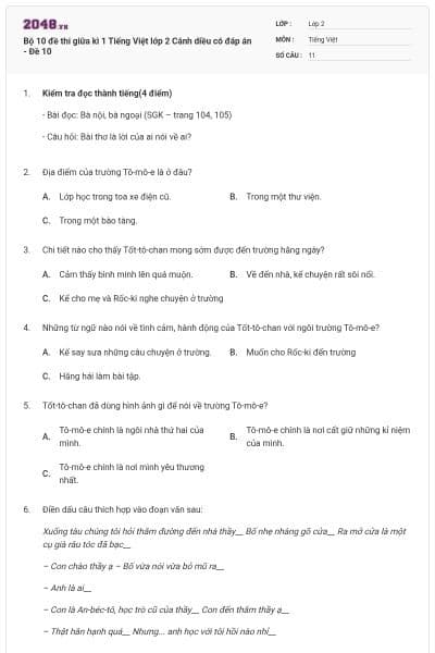 Bộ 10 đề thi giữa kì 1 Tiếng Việt lớp 2 Cánh diều có đáp án - Đề 10