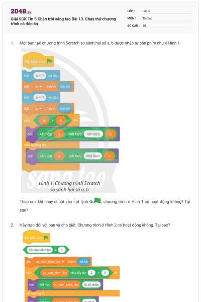 Giải SGK Tin 5 Chân trời sáng tạo Bài 13. Chạy thử chương trình có đáp án