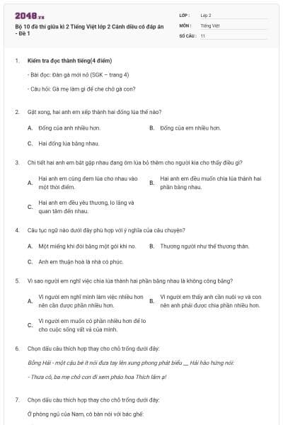 Bộ 10 đề thi giữa kì 2 Tiếng Việt lớp 2 Cánh diều có đáp án - Đề 1