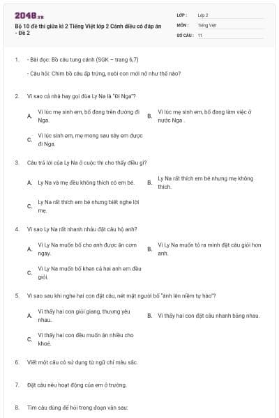 Bộ 10 đề thi giữa kì 2 Tiếng Việt lớp 2 Cánh diều có đáp án - Đề 2