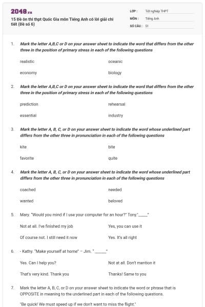 15 Đề ôn thi thpt Quốc Gia môn Tiếng Anh có lời giải chi tiết (Đề số 6)