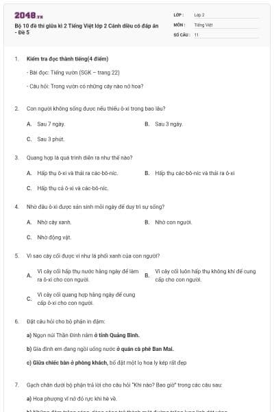 Bộ 10 đề thi giữa kì 2 Tiếng Việt lớp 2 Cánh diều có đáp án - Đề 5