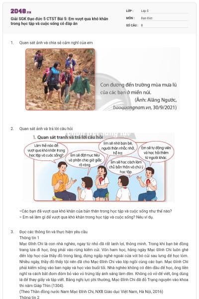 Giải SGK Đạo đức 5 CTST Bài 5: Em vượt qua khó khăn trong học tập và cuộc sống có đáp án