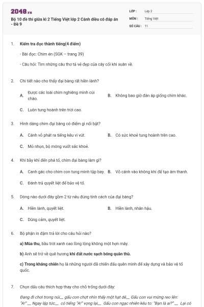 Bộ 10 đề thi giữa kì 2 Tiếng Việt lớp 2 Cánh diều có đáp án - Đề 9
