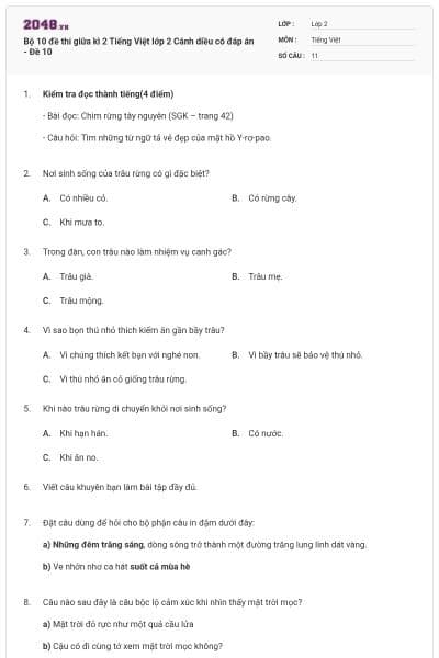 Bộ 10 đề thi giữa kì 2 Tiếng Việt lớp 2 Cánh diều có đáp án - Đề 10