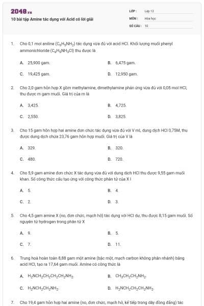 10 bài tập Amine tác dụng với Acid có lời giải