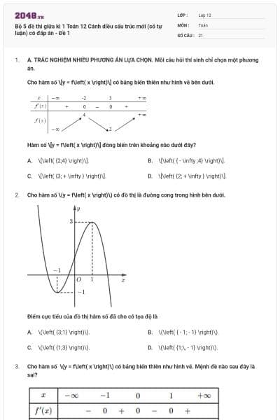 Bộ 5 đề thi giữa kì 1 Toán 12 Cánh diều cấu trúc mới (có tự luận) có đáp án - Đề 1