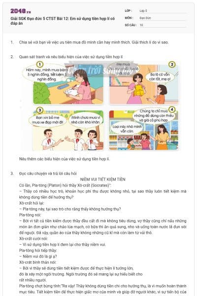 Giải SGK Đạo đức 5 CTST Bài 12: Em sử dụng tiền hợp lí có đáp án