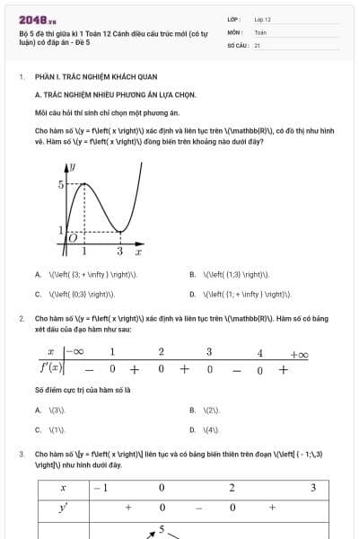 Bộ 5 đề thi giữa kì 1 Toán 12 Cánh diều cấu trúc mới (có tự luận) có đáp án - Đề 5