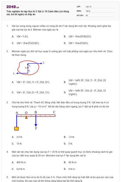 Trắc nghiệm ôn tập Học kì 2 Vật Lí 10 Cánh diều (có đúng sai, trả lời ngắn) có đáp án