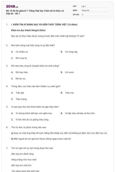 Bộ 10 đề thi giữa kì 1 Tiếng Việt lớp 2 Kết nối tri thức có đáp án - Đề 1