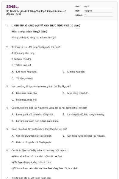 Bộ 10 đề thi giữa kì 1 Tiếng Việt lớp 2 Kết nối tri thức có đáp án - Đề 3