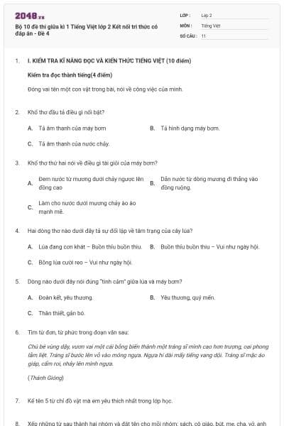 Bộ 10 đề thi giữa kì 1 Tiếng Việt lớp 2 Kết nối tri thức có đáp án - Đề 4