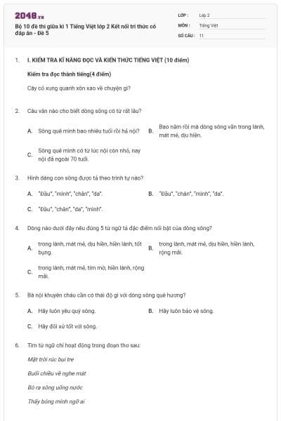 Bộ 10 đề thi giữa kì 1 Tiếng Việt lớp 2 Kết nối tri thức có đáp án - Đề 5