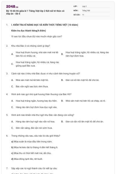 Bộ 10 đề thi giữa kì 1 Tiếng Việt lớp 2 Kết nối tri thức có đáp án - Đề 6
