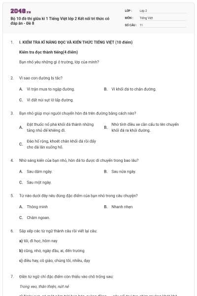 Bộ 10 đề thi giữa kì 1 Tiếng Việt lớp 2 Kết nối tri thức có đáp án - Đề 8