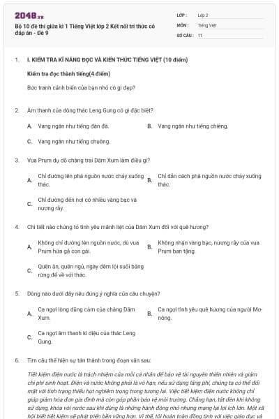 Bộ 10 đề thi giữa kì 1 Tiếng Việt lớp 2 Kết nối tri thức có đáp án - Đề 9