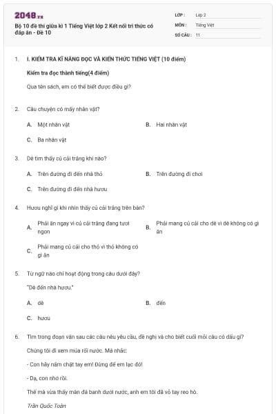 Bộ 10 đề thi giữa kì 1 Tiếng Việt lớp 2 Kết nối tri thức có đáp án - Đề 10