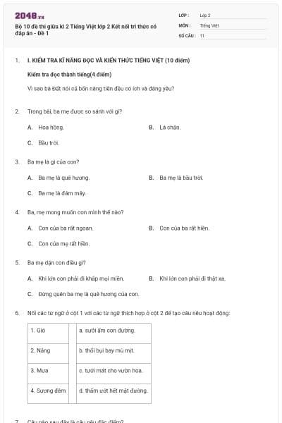Bộ 10 đề thi giữa kì 2 Tiếng Việt lớp 2 Kết nối tri thức có đáp án - Đề 1