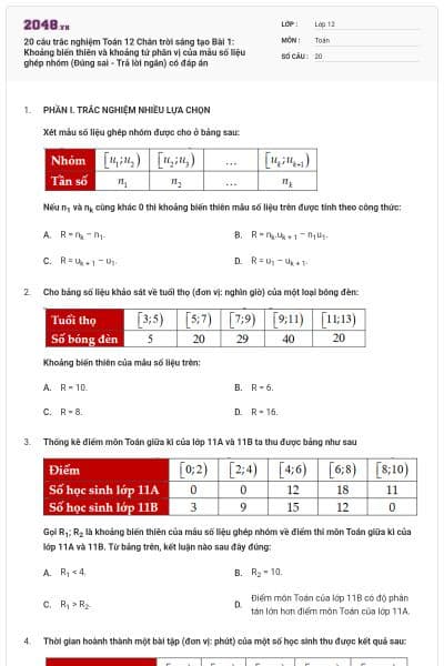 20 câu trắc nghiệm Toán 12 Chân trời sáng tạo Bài 1: Khoảng biến thiên và khoảng tứ phân vị của mẫu số liệu ghép nhóm (Đúng sai - Trả lời ngắn) có đáp án