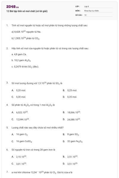 12 Bài tập tính số mol chất (có lời giải)