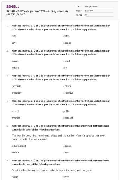 Đề thi thử THPT quốc gia năm 2019 môn tiếng anh chuẩn cấu trúc (Đề số 7)