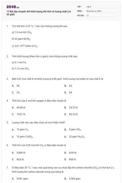 12 Bài tập chuyển đổi khối lượng thể tích và lượng chất (có lời giải)