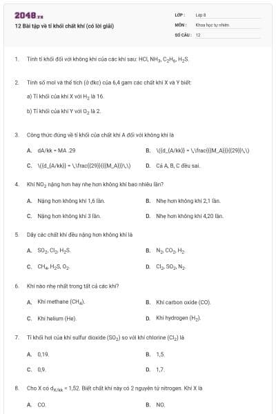 12 Bài tập về tỉ khối chất khí (có lời giải)
