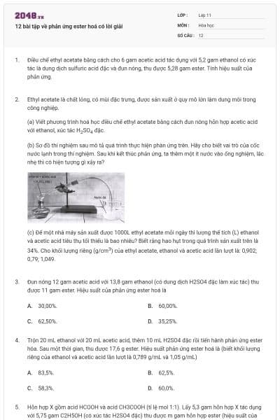 12 bài tập về phản ứng ester hoá có lời giải