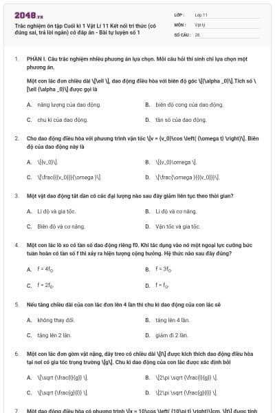 Trắc nghiệm ôn tập Cuối kì 1 Vật Lí 11 Kết nối tri thức (có đúng sai, trả lời ngắn) có đáp án - Bài tự luyện số 1