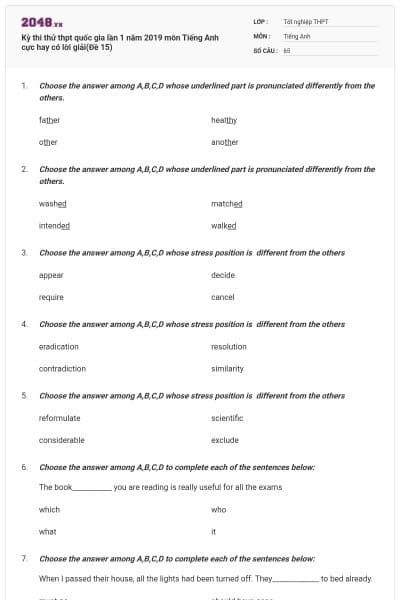 Kỳ thi thử thpt quốc gia lần 1 năm 2019 môn Tiếng Anh cực hay có lời giải(Đề 15)