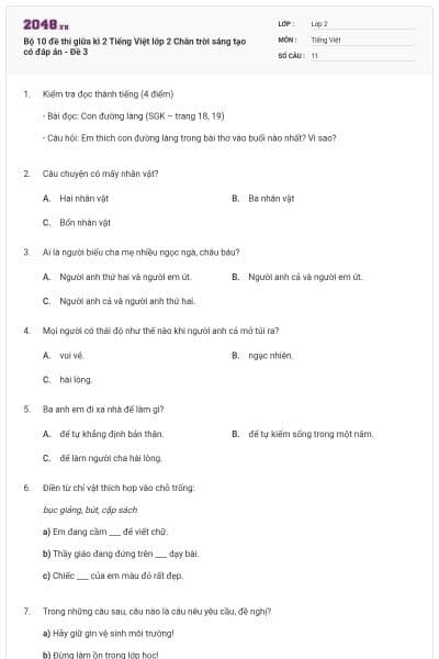 Bộ 10 đề thi giữa kì 2 Tiếng Việt lớp 2 Chân trời sáng tạo có đáp án - Đề 3