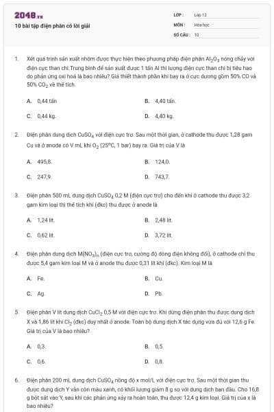 10 bài tập điện phân có lời giải