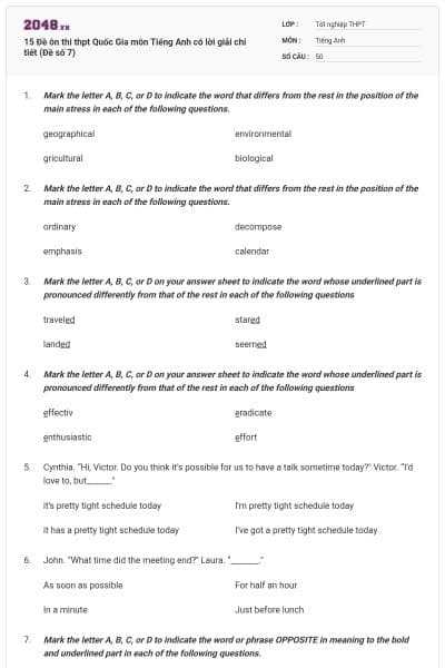 15 Đề ôn thi thpt Quốc Gia môn Tiếng Anh có lời giải chi tiết (Đề số 7)