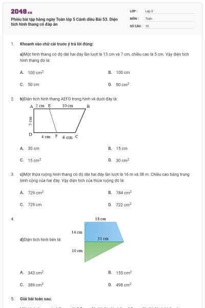 Phiếu bài tập hàng ngày Toán lớp 5 Cánh diều Bài 53. Diện tích hình thang có đáp án