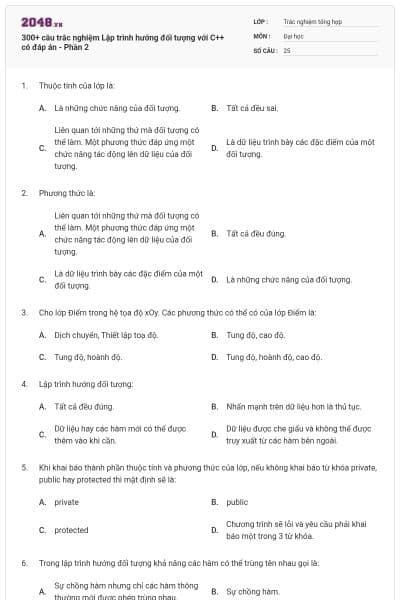 300+ câu trắc nghiệm Lập trình hướng đối tượng với C++ có đáp án - Phần 2