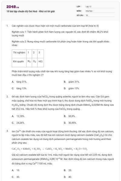 10 bài tập chuẩn độ Oxi Hoá - Khử có lời giải