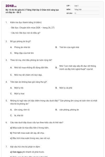 Bộ 10 đề thi giữa kì 2 Tiếng Việt lớp 2 Chân trời sáng tạo có đáp án - Đề 5
